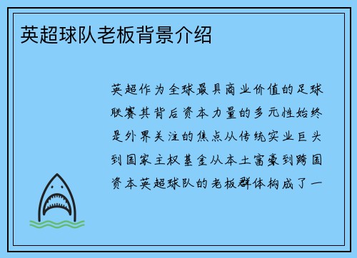 英超球队老板背景介绍